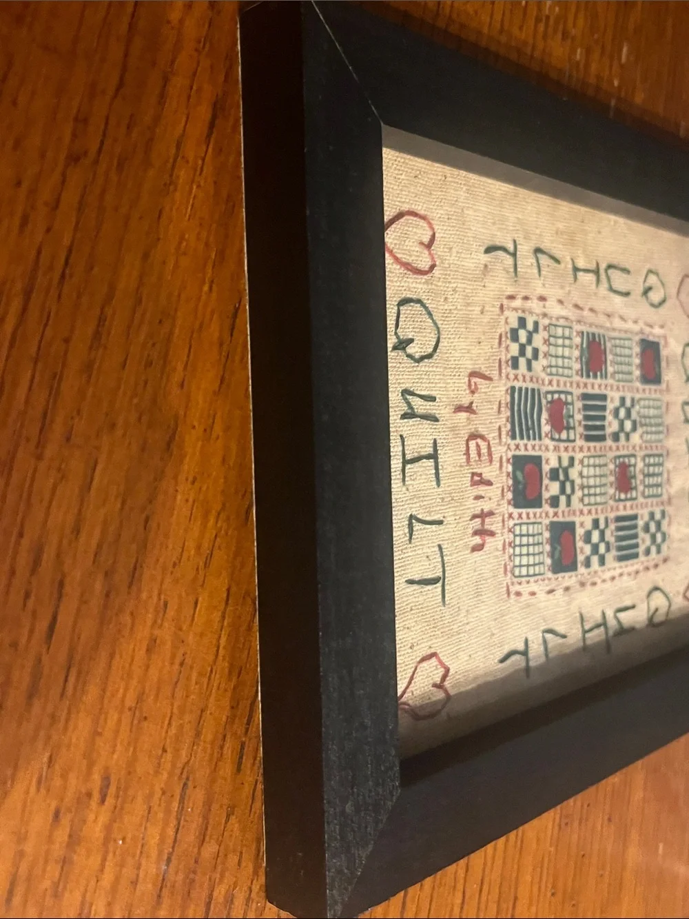 Framed Embroidered Quilt Wall Tapestry in Beige, Blue & Red